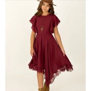 Joyfolie Girls Dress Maroon Red Lace Trim Flutter Sleeve Party Casual Size 3 NWT